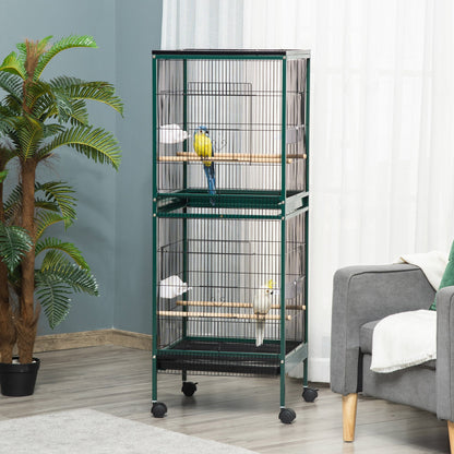 55.1" 2 In 1 Bird Cage Aviary Parakeet House for finches, budgies with Wheels, Slide-out Trays, Wood Perch, Green - Gallery Canada