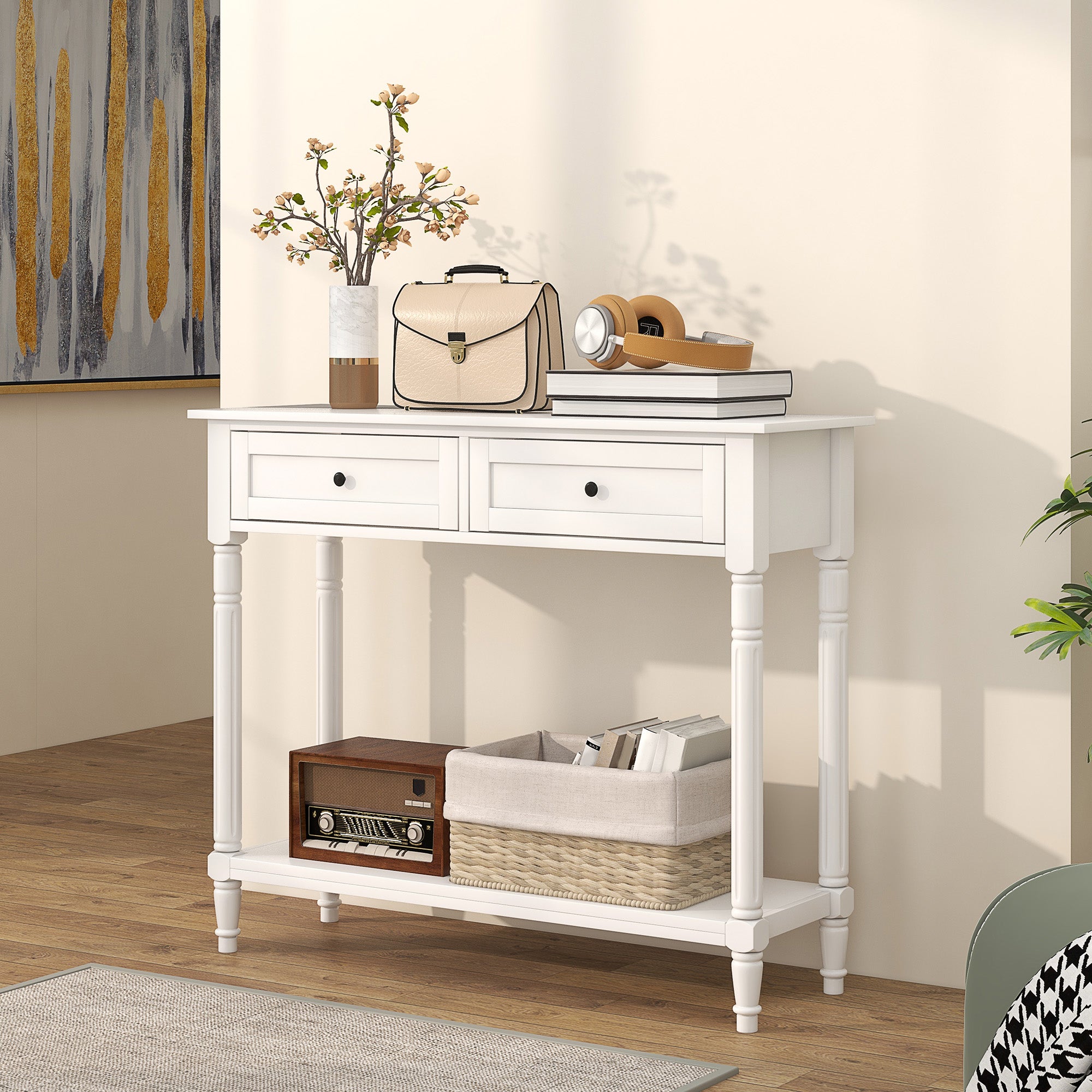 Hallway Console Table, Modern Entryway Table with 2 Drawers, Storage Shelf, Turned Legs for Living Room, Bedroom, White Console Tables at Gallery Canada