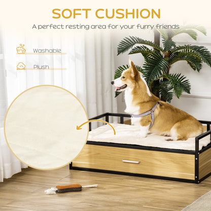 39.25" Elevated Dog Bed, Furniture Style Pet Couch, Soft Modern Puppy Sofa, with Storage Drawer, Washable Cushion, Steel Frame, for Medium Dogs, Oak Elevated Dog Beds   at Gallery Canada