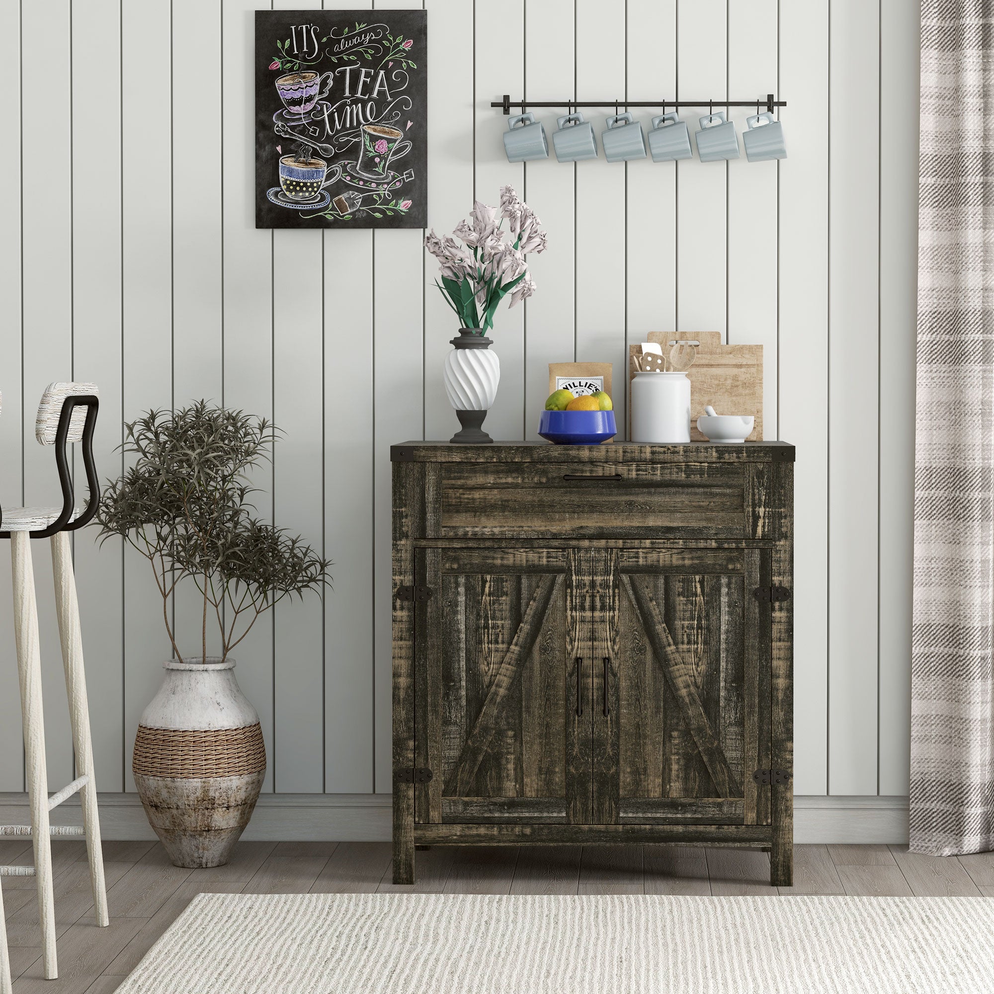 Farmhouse Kitchen Storage Cabinet, Sideboard Buffet Cabinet with 2 Rustic Barn Doors and Drawer, Dark Oak Bar Cabinets   at Gallery Canada