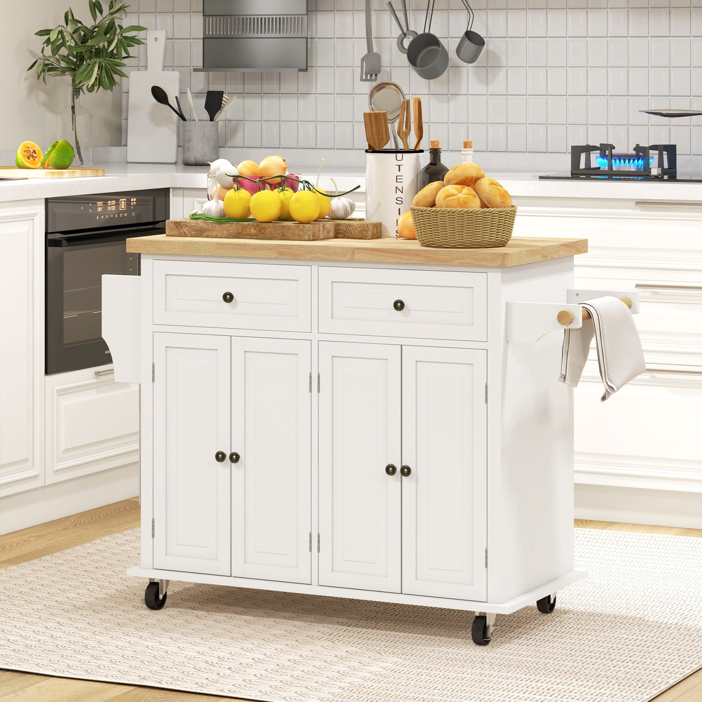 Kitchen Island with Storage, Rolling Trolley Cart with Rubber Wood Top, Spice Rack, Towel Rack, Cream White Kitchen Islands & Kitchen Carts Cream  at Gallery Canada