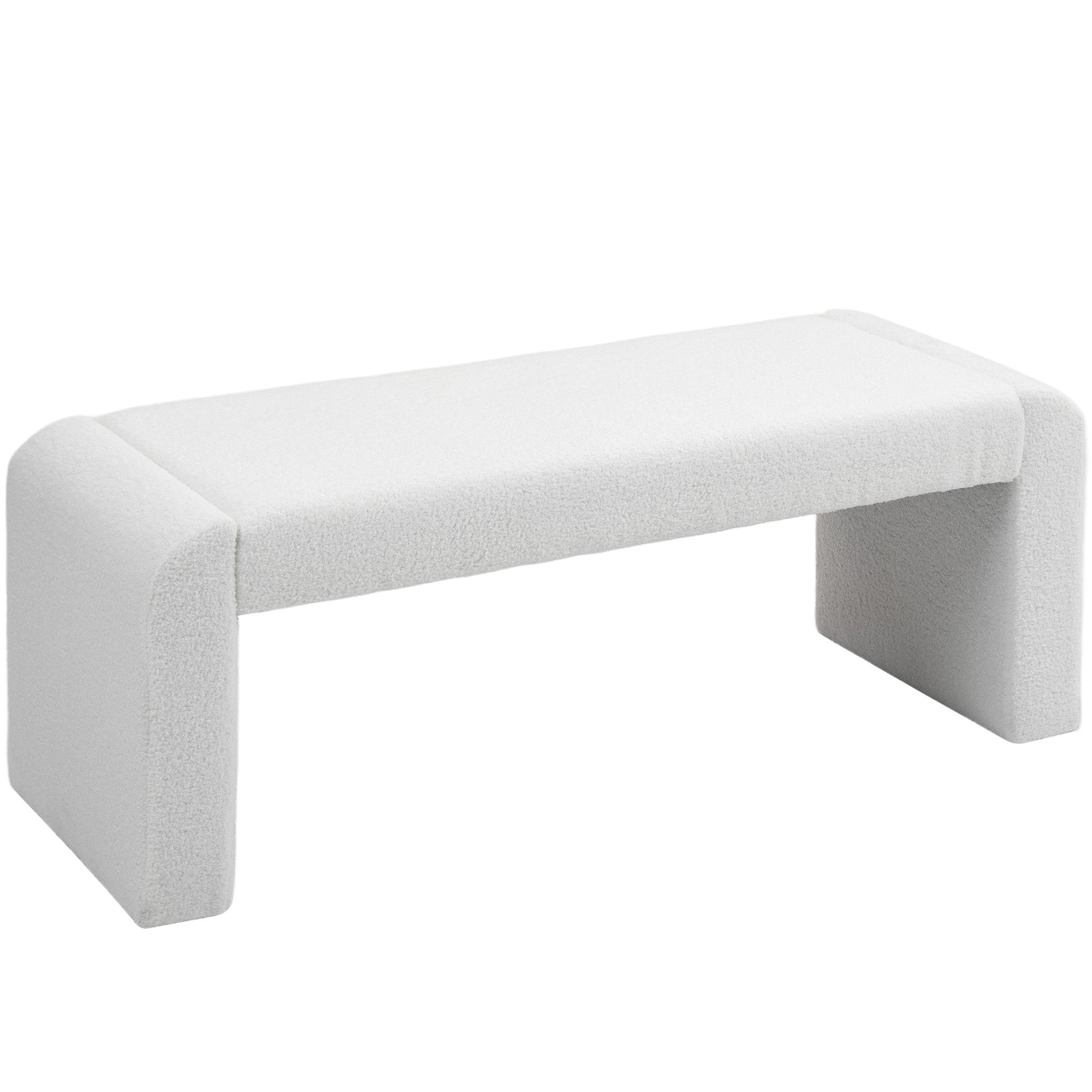 Upholstered Bedroom Bench, Boucle End of Bed Bench, Modern U-Shaped Entryway Bench, 47 x 18 x 18 Inches, White Storage Ottomans & Benches   at Gallery Canada