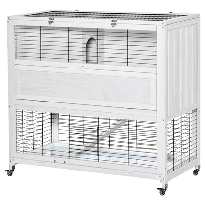 42.5" Wooden Rabbit Hutch Indoor with Wheels, Bunny Cage with Openable Roof, Hut, Slide-out Tray, Ramp, White Rabbit Hutch White  at Gallery Canada