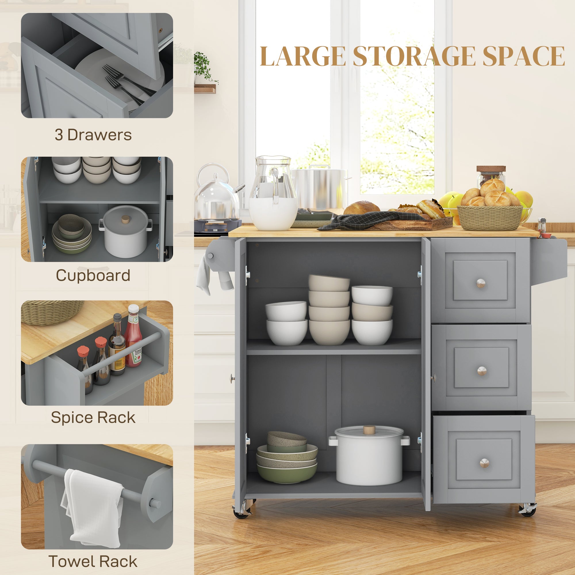 Kitchen Island on Wheels, Kitchen Cart with Drop Leaf, Drawers, Grey Kitchen Islands & Kitchen Carts   at Gallery Canada