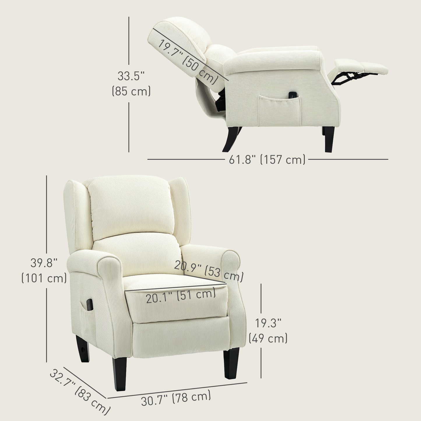 Push Back Recliner Chair, Vibration Massage Recliner for Living Room with Extendable Footrest, Remote, Pocket, Cream Sofas & Reclining Chairs at Gallery Canada