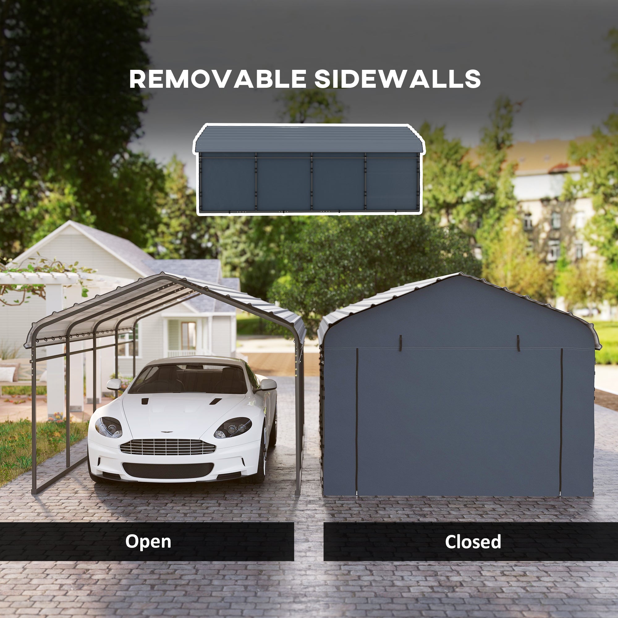 12' x 20' Metal Carport, Heavy Duty Garage Car Shelter with Galvanized Metal Roof and Removable Sidewalls, Dark Grey Car Shelters at Gallery Canada