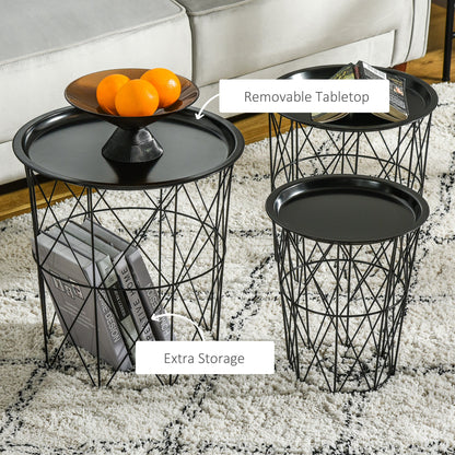 Set of 3 Nesting Coffee Tables with Storage, Round End Table with Removable Tray, Basket Side Tables with Metal Frame for Living Room, Black Side Tables   at Gallery Canada