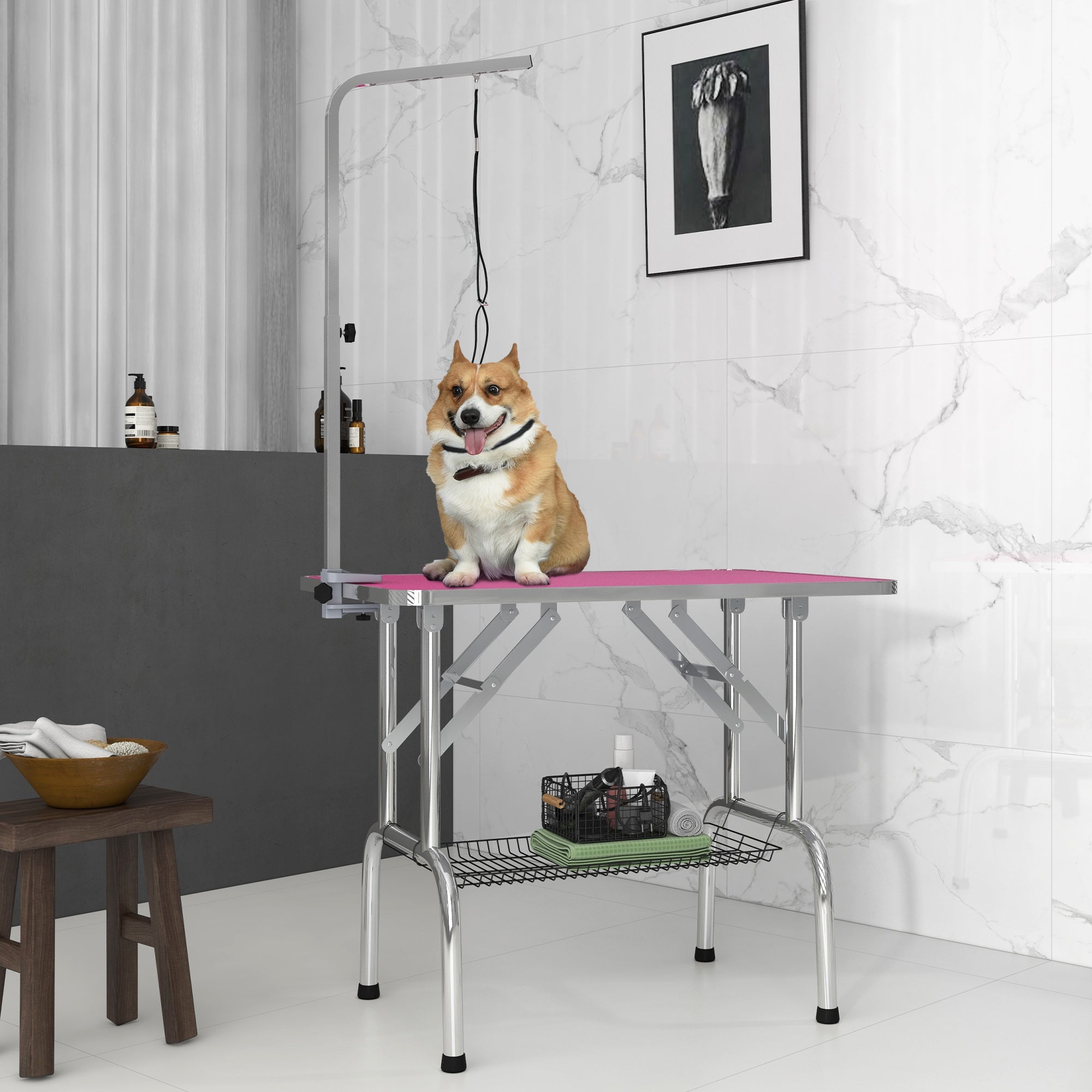 Foldable Grooming Table for Dogs with Height Adjustable Grooming Arm, Storage Shelf, Pink Dog Grooming Tables at Gallery Canada