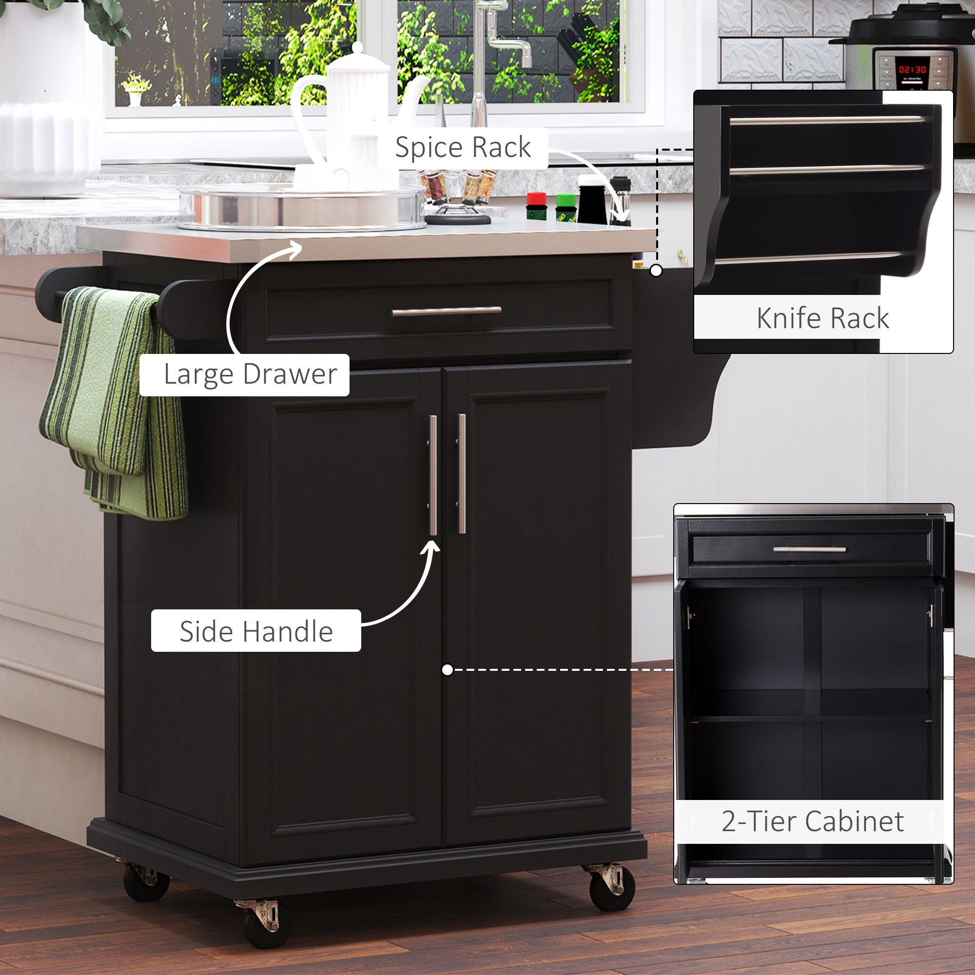 Rolling Kitchen Island, Kitchen Serving Cart with Stainless Steel Table Top on Wheels, Black Kitchen Islands & Kitchen Carts   at Gallery Canada