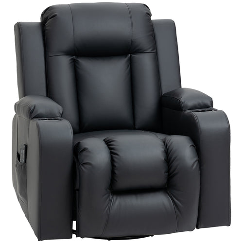 Massage Recliner Chair for Living Room with 8 Vibration, Overstuffed PU Leather Manual Reclining Chair with Wide Seat, Cup Holders, 360° Swivel, Rocking, Black