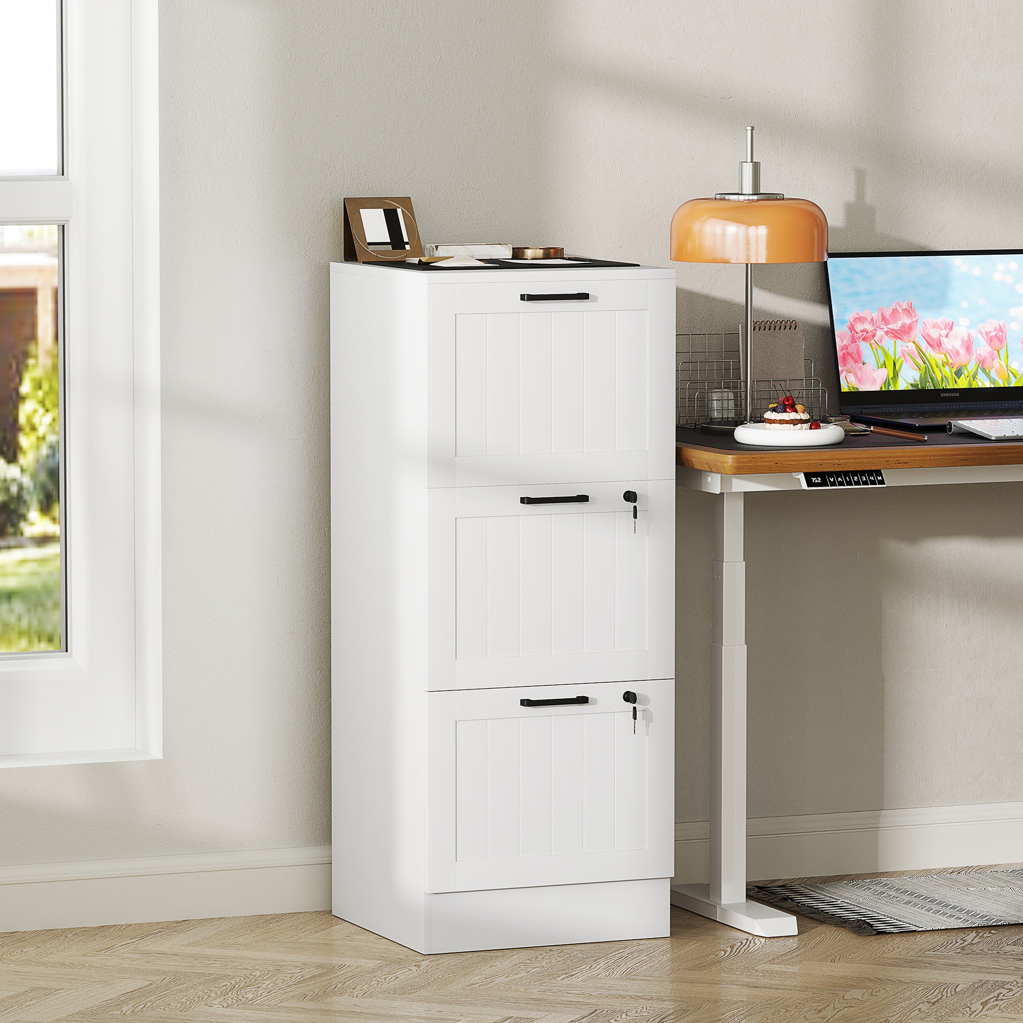 3 Drawer Filing Cabinet with Lock, Office Storage Cabinet with Adjustable Hanging Bars for A4 Letter Size Files, White Office Cabinets & Cupboards White at Gallery Canada