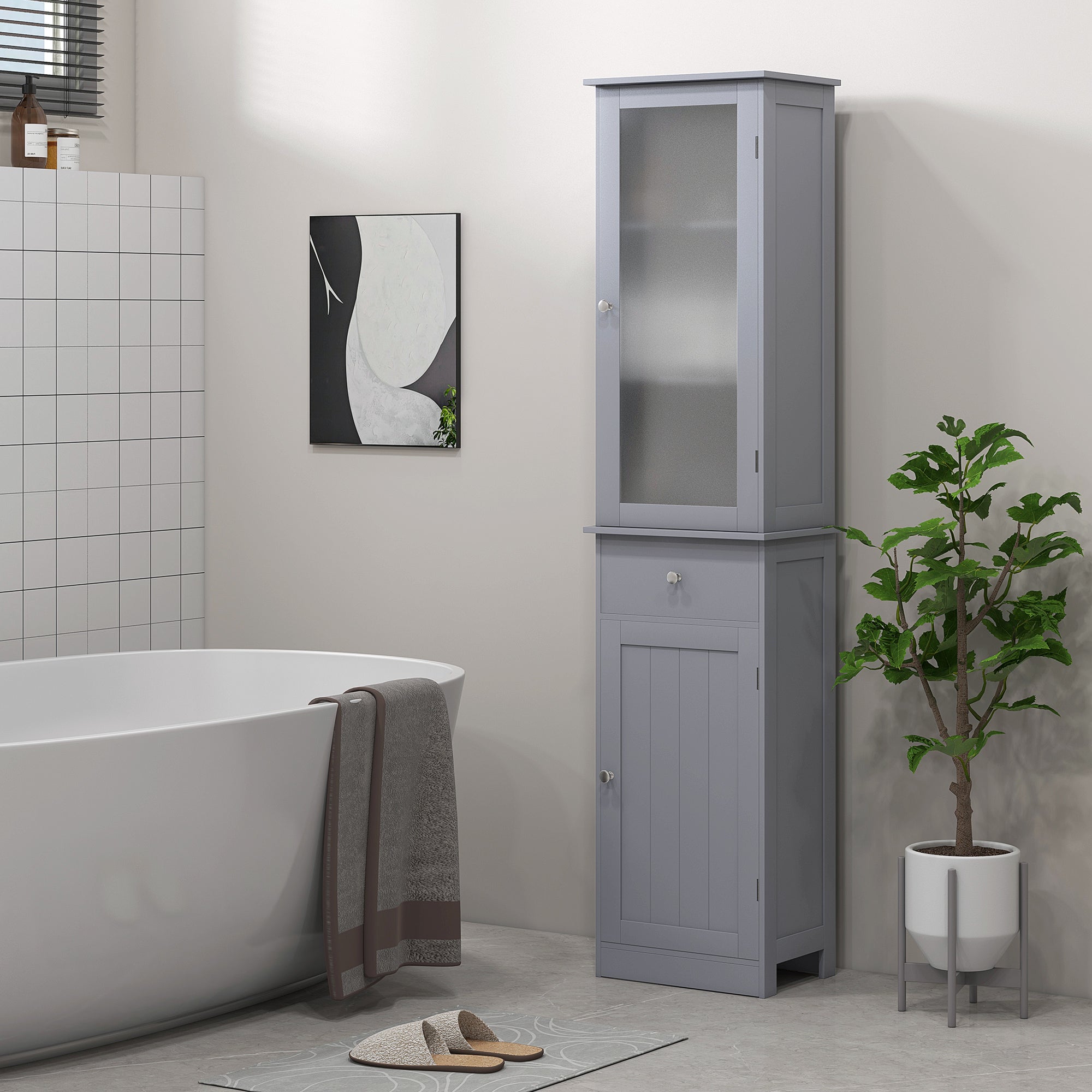 Tall Bathroom Cabinet, Bathroom Storage Cabinet with Drawers, 2 Doors and Adjustable Shelves, Grey Bathroom Cabinets at Gallery Canada