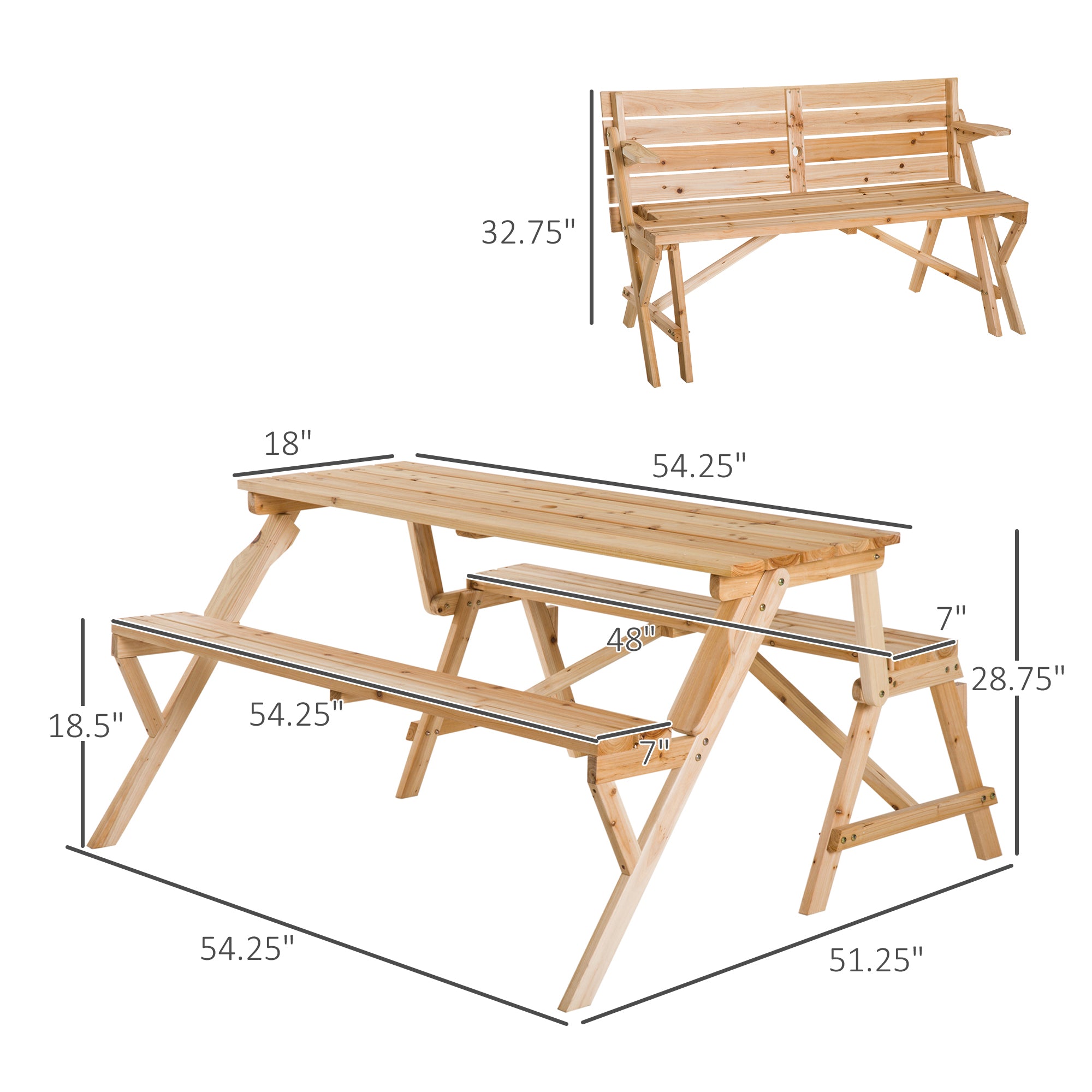 Patio Wooden Folding Picnic Table with Benches, Outdoor 2 in 1 Convertible Patio &; Garden Bench, Foldable Picnic Table with Umbrella Hole, Nature Outdoor Dining Sets at Gallery Canada