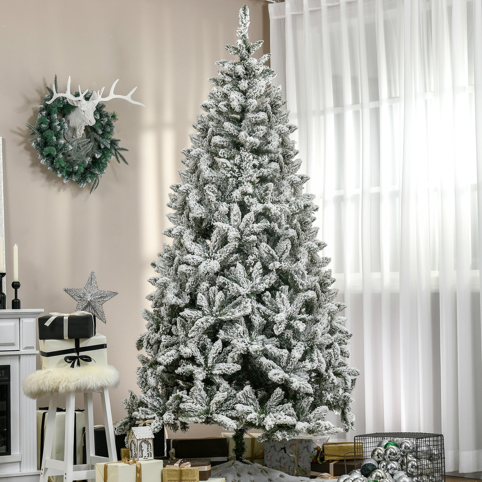 7.5ft Flocked Christmas Tree, Pine Artificial Christmas Tree with 1300 Branches Tips, Steel Base, Automatic Open, Green Flocked Christmas Trees   at Gallery Canada