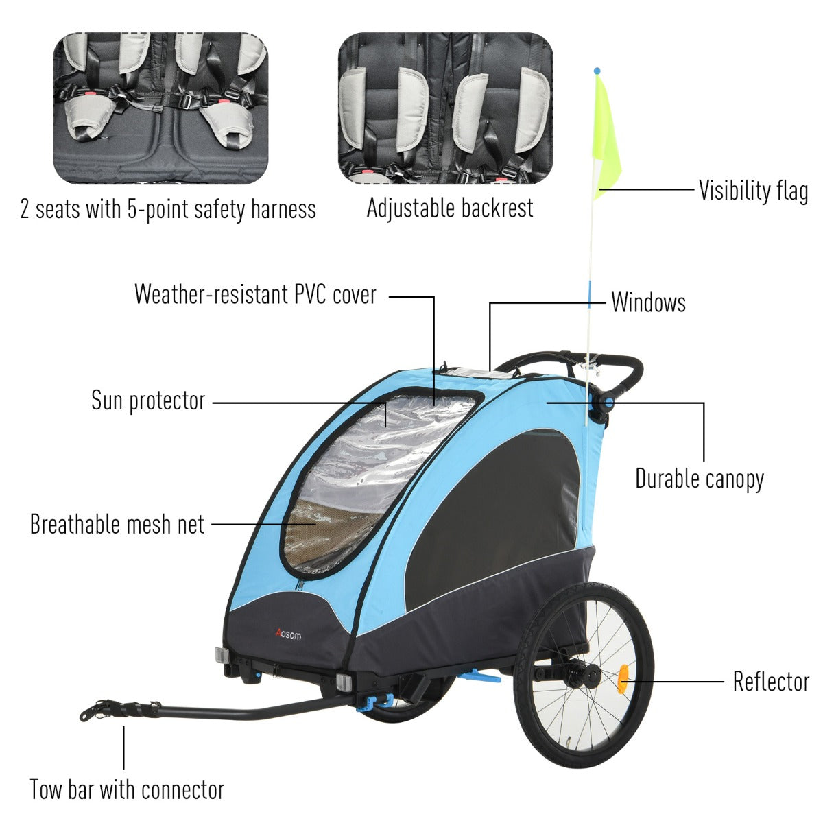 3-in-1 Foldable Child Bike Trailer Jogger Pushcar with Shock Absorbers, Blue Kids Bike Trailers   at Gallery Canada