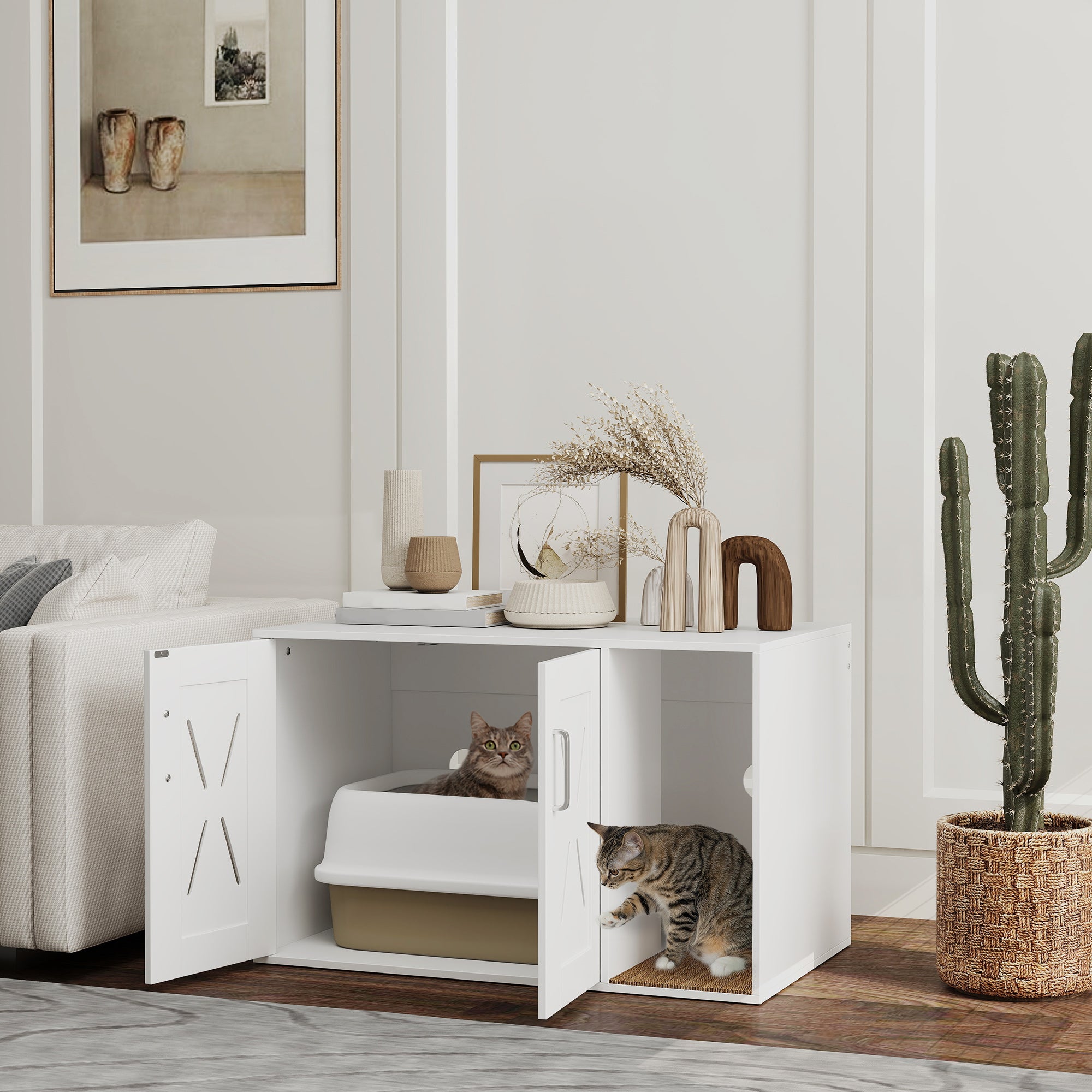 Cat Litter Box Enclosure, Hidden Cat Litter Box Furniture with Scratching Board, 31.5