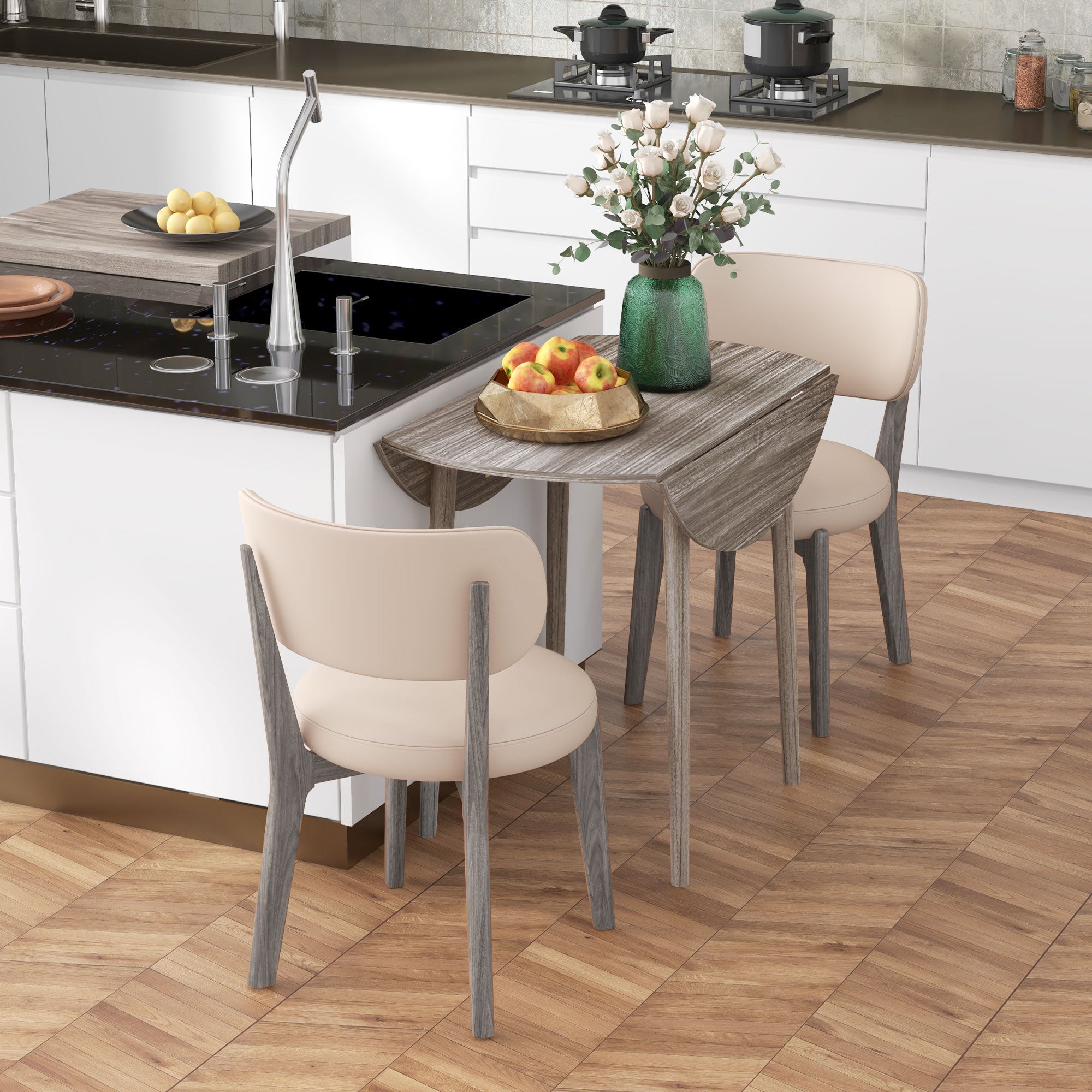 Folding Dining Table, Round Drop Leaf Kitchen Table for Small Spaces with Wood Legs, Distressed Grey Bar Tables & Dining Tables at Gallery Canada