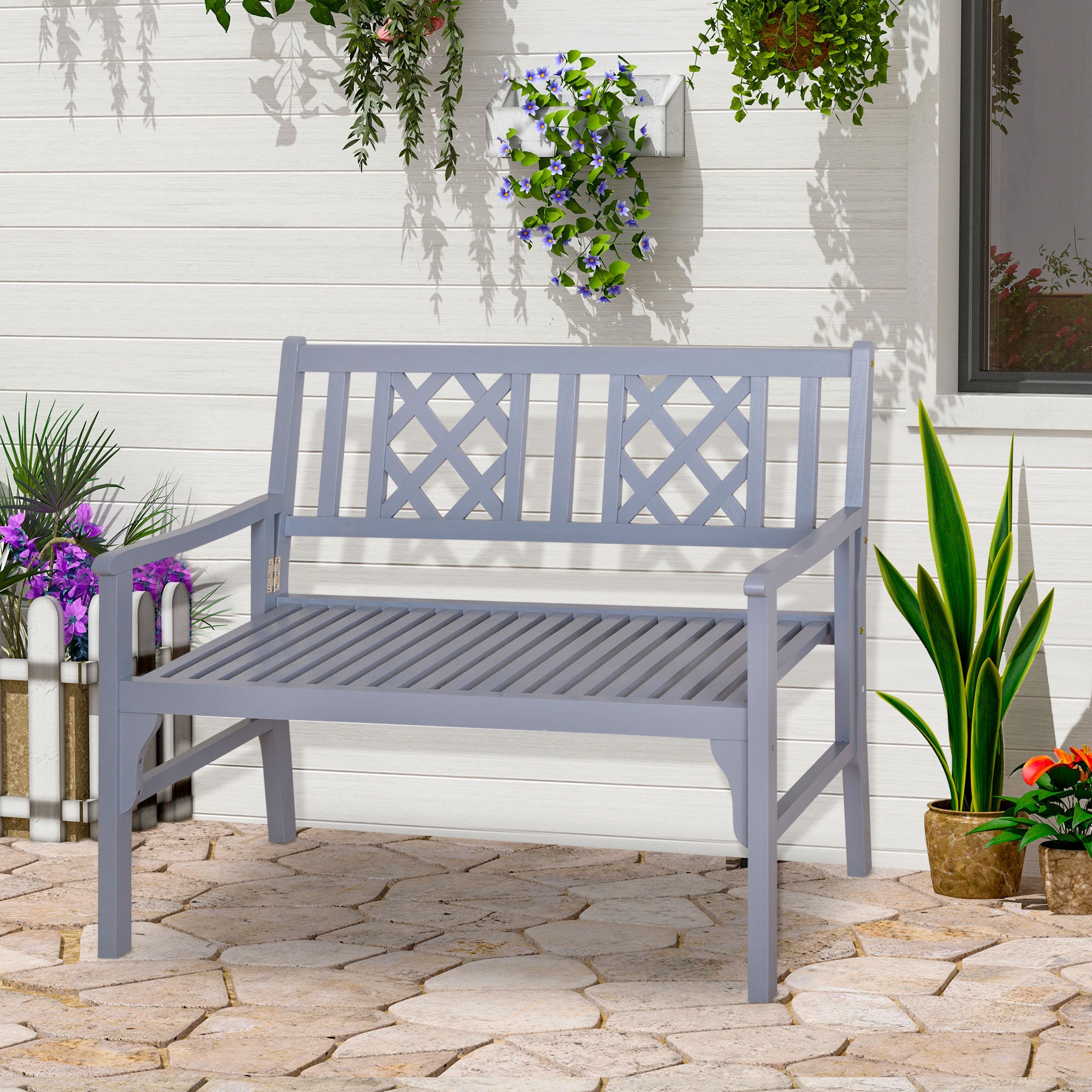 Foldable Garden Bench, 2-Seater Patio Wooden Bench, Loveseat Chair with Backrest and Armrest for Patio, Porch or Balcony, Grey Outdoor Benches at Gallery Canada