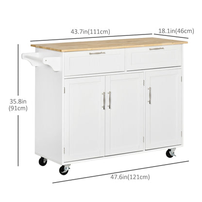 Rolling Kitchen Island, Kitchen Cart on Wheels with 2 Storage Drawers and Cabinets for Dining Room, White Kitchen Islands & Kitchen Carts   at Gallery Canada