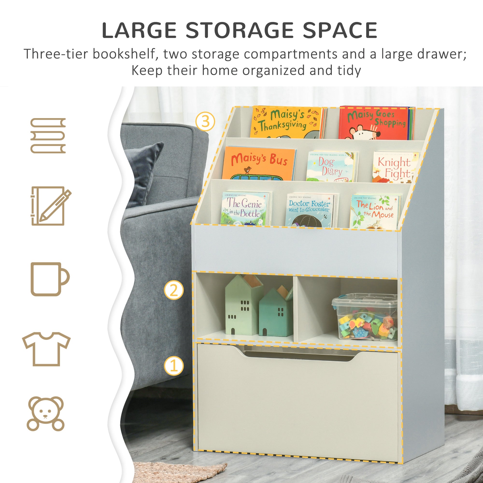 Kids Bookcase Multi-Shelf Rack Organizer with Storage Drawer for Books for Reading Nook, Classroom, Bedroom, Playroom, Grey Baby & Kids Storage at Gallery Canada