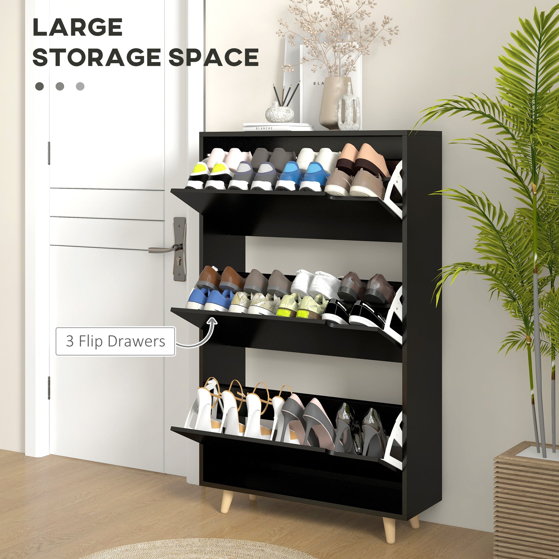 Slim Shoe Storage Cabinet with 3 Flip Drawers and Adjustable Shelves, Shoe Cabinet for 18-24 Pairs, Black Shoe Storage Cabinets & Racks   at Gallery Canada