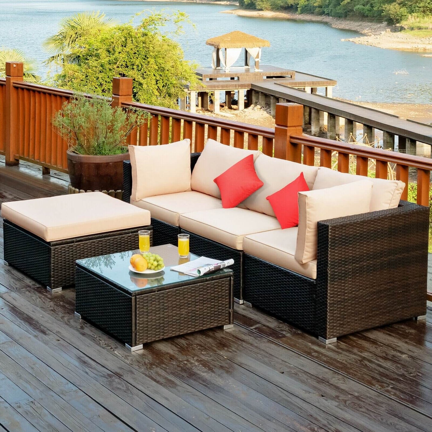 5 Pieces Outdoor Patio Rattan Furniture Set Sectional Conversation with Cushions, Beige Outdoor Sectionals   at Gallery Canada