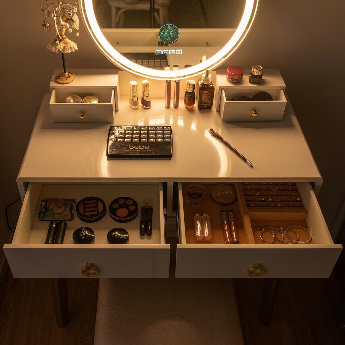 Vanity Set with 3-Color Lighted Touch Screen Dimming Mirror and 4 Drawers, White Makeup Vanities   at Gallery Canada