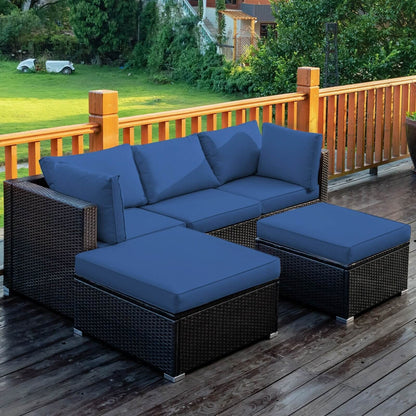 5 Pieces Patio Rattan Sofa Set with Cushion and Ottoman, Navy Outdoor Sectionals   at Gallery Canada