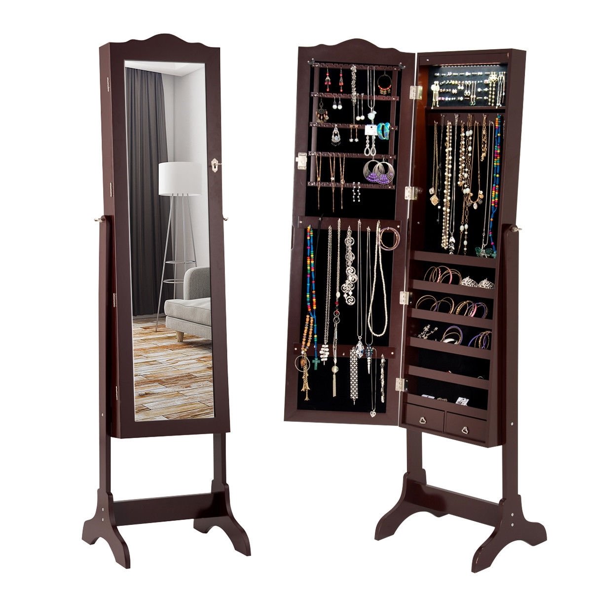 Mirrored Jewelry Cabinet Storage With Drawer And Led Lights , Coffee Jewelry Armoires   at Gallery Canada