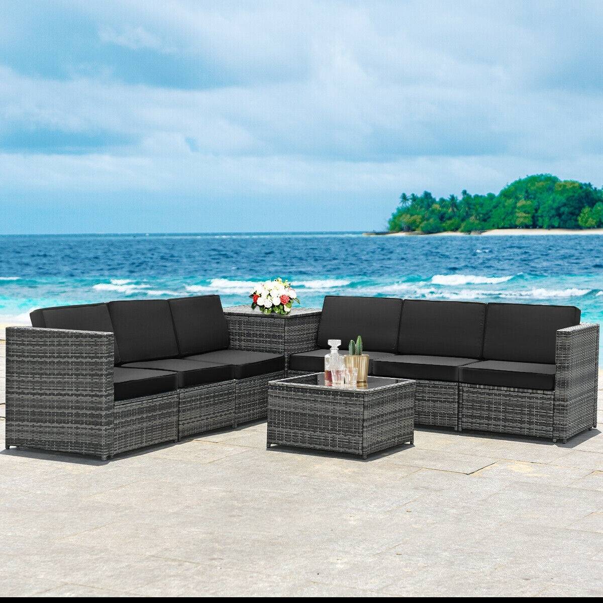 8 Piece Wicker Sofa Rattan Dinning Set Patio Furniture with Storage Table, Black Outdoor Sectionals   at Gallery Canada