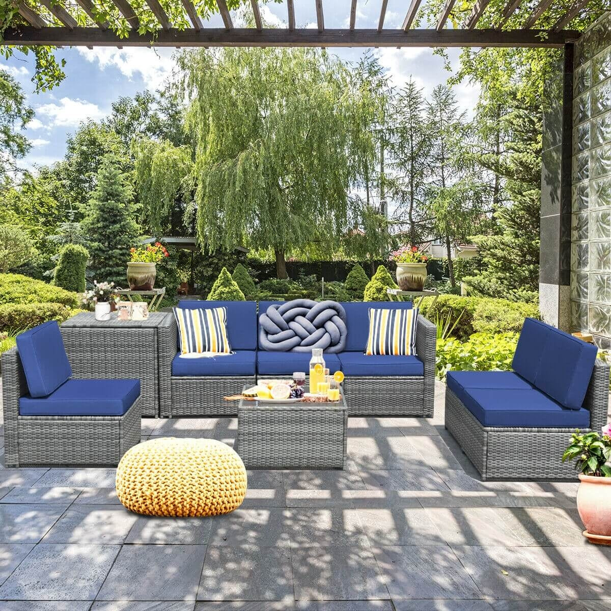 8 Piece Wicker Sofa Rattan Dinning Set Patio Furniture with Storage Table, Navy Outdoor Sectionals   at Gallery Canada