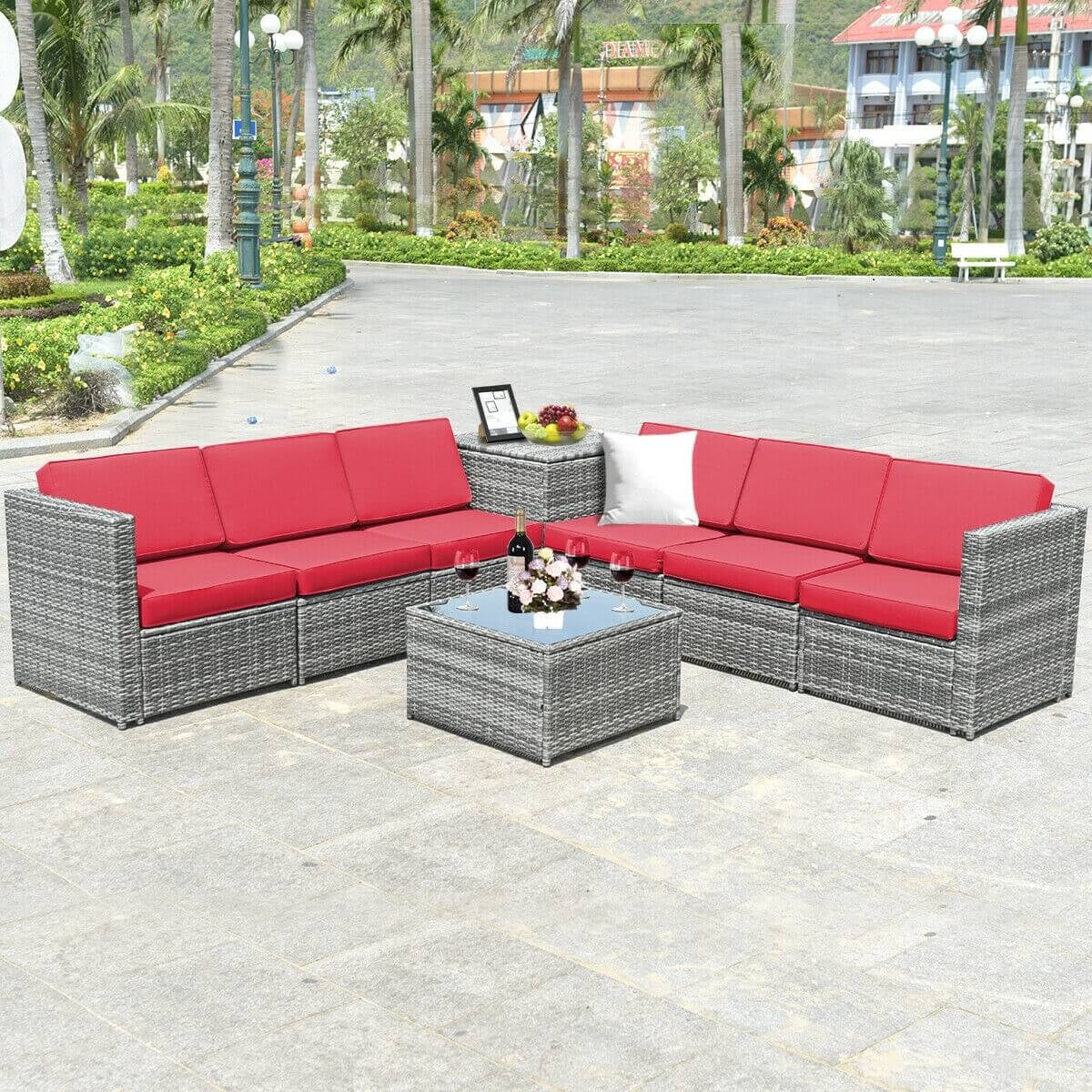 8 Piece Wicker Sofa Rattan Dinning Set Patio Furniture with Storage Table, Red Outdoor Sectionals   at Gallery Canada