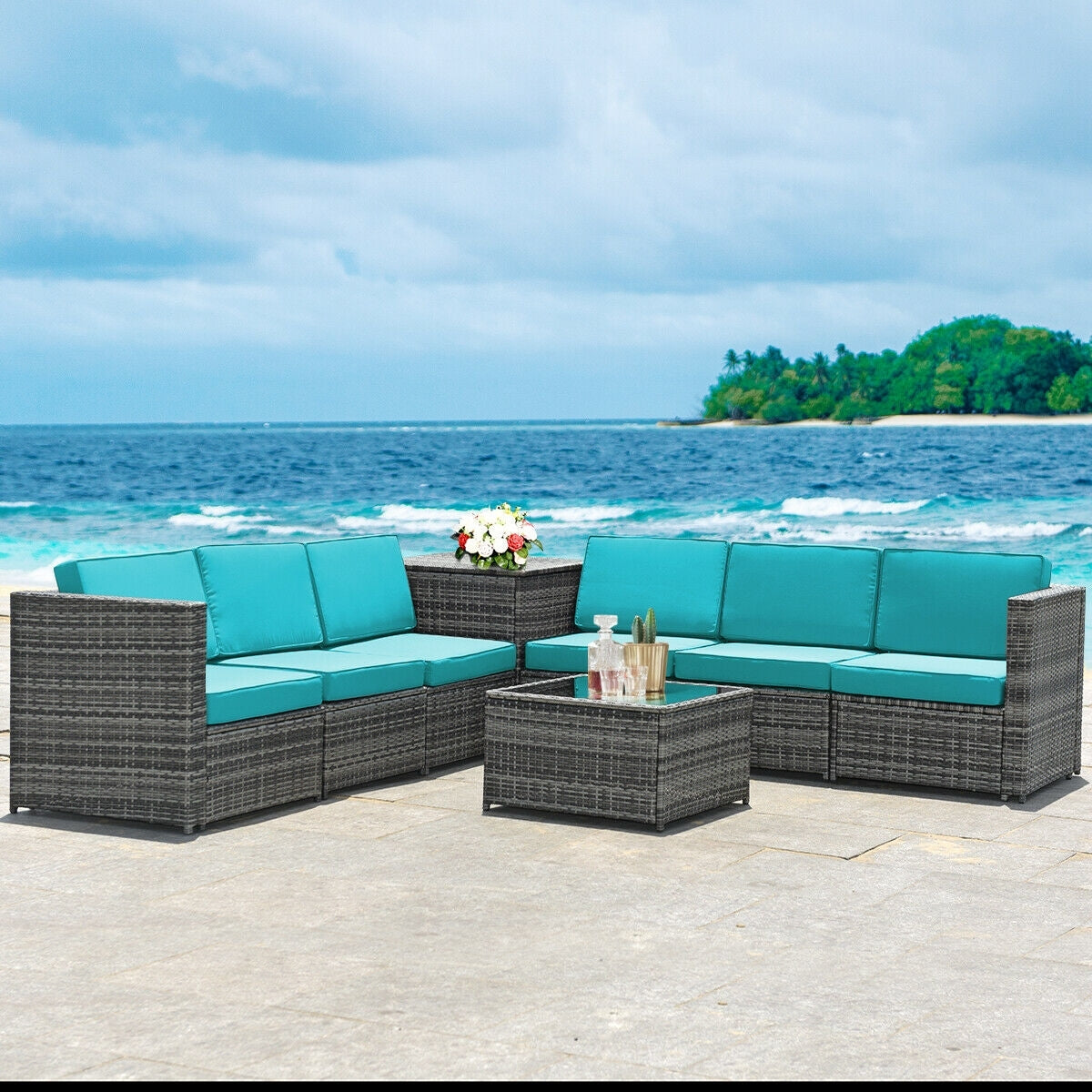 8 Piece Wicker Sofa Rattan Dinning Set Patio Furniture with Storage Table, Turquoise Outdoor Sectionals   at Gallery Canada