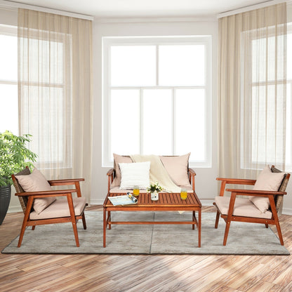 4 Pieces Acacia Wood Patio Rattan Furniture Set, Brown Patio Conversation Sets   at Gallery Canada