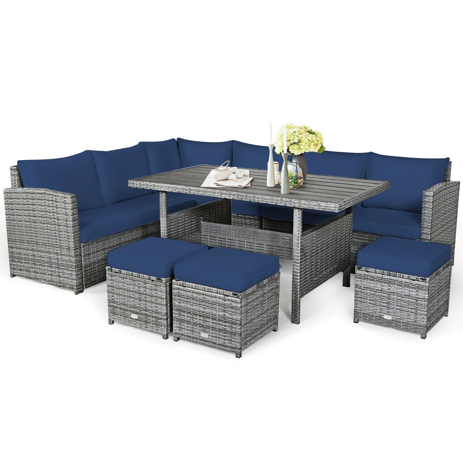 7 Pieces Patio Rattan Dining Furniture Sectional Sofa Set with Wicker Ottoman, Navy Outdoor Sectionals Navy  at Gallery Canada