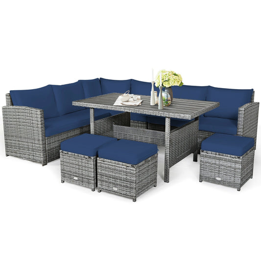 7 Pieces Patio Rattan Dining Furniture Sectional Sofa Set with Wicker Ottoman, Navy - Gallery Canada