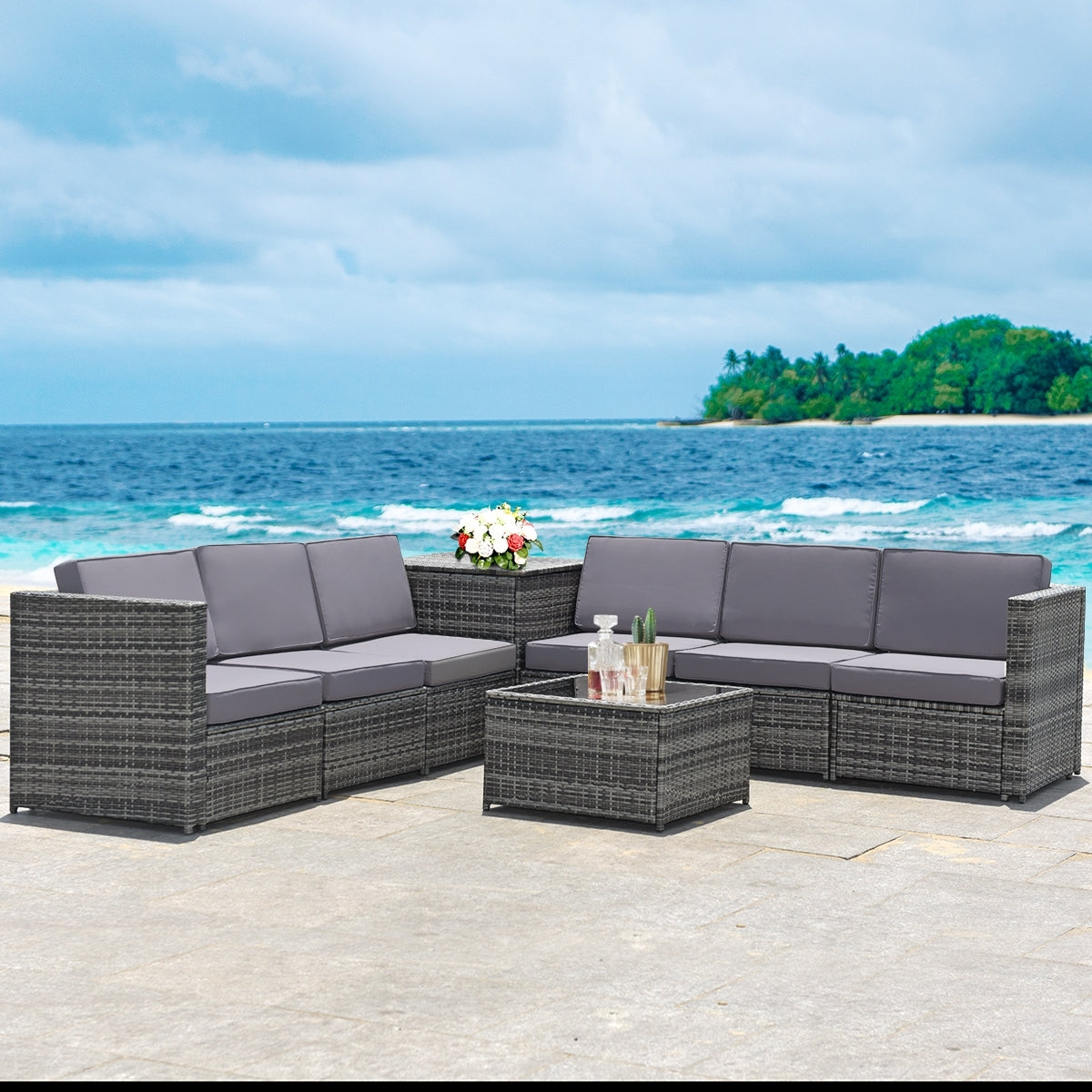 8 Pieces Wicker Sofa Rattan Dining Set Patio Furniture with Storage Table, Gray Outdoor Sectionals   at Gallery Canada