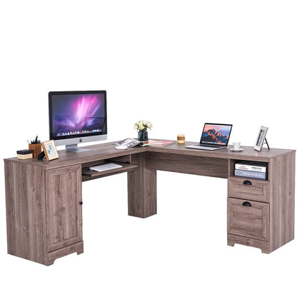 66 Inch L-Shaped Writing Study Workstation Computer Desk with Drawers, Brown L-Shaped Desks   at Gallery Canada