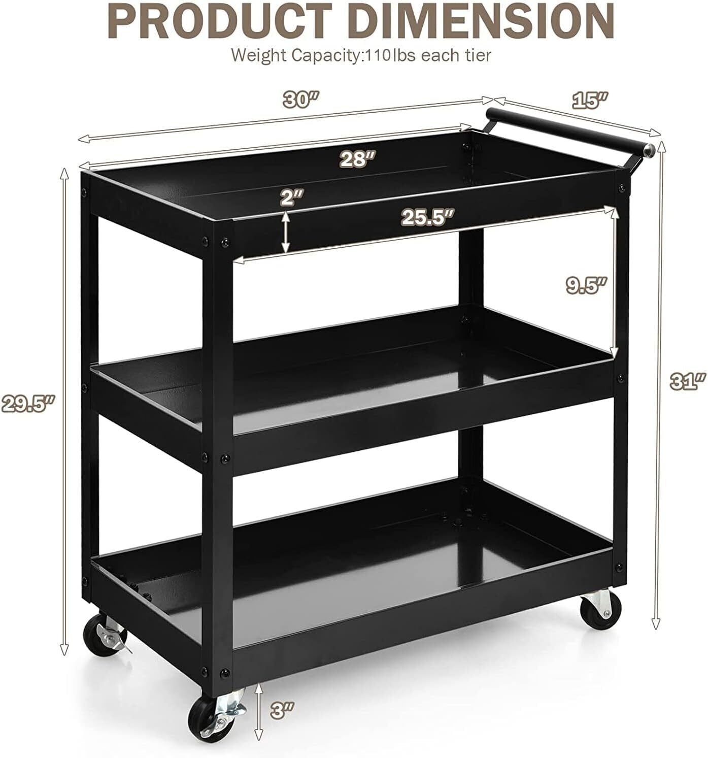 3-Tier Utility Cart Metal Mental Storage Service Trolley, Black Kitchen Islands & Carts   at Gallery Canada