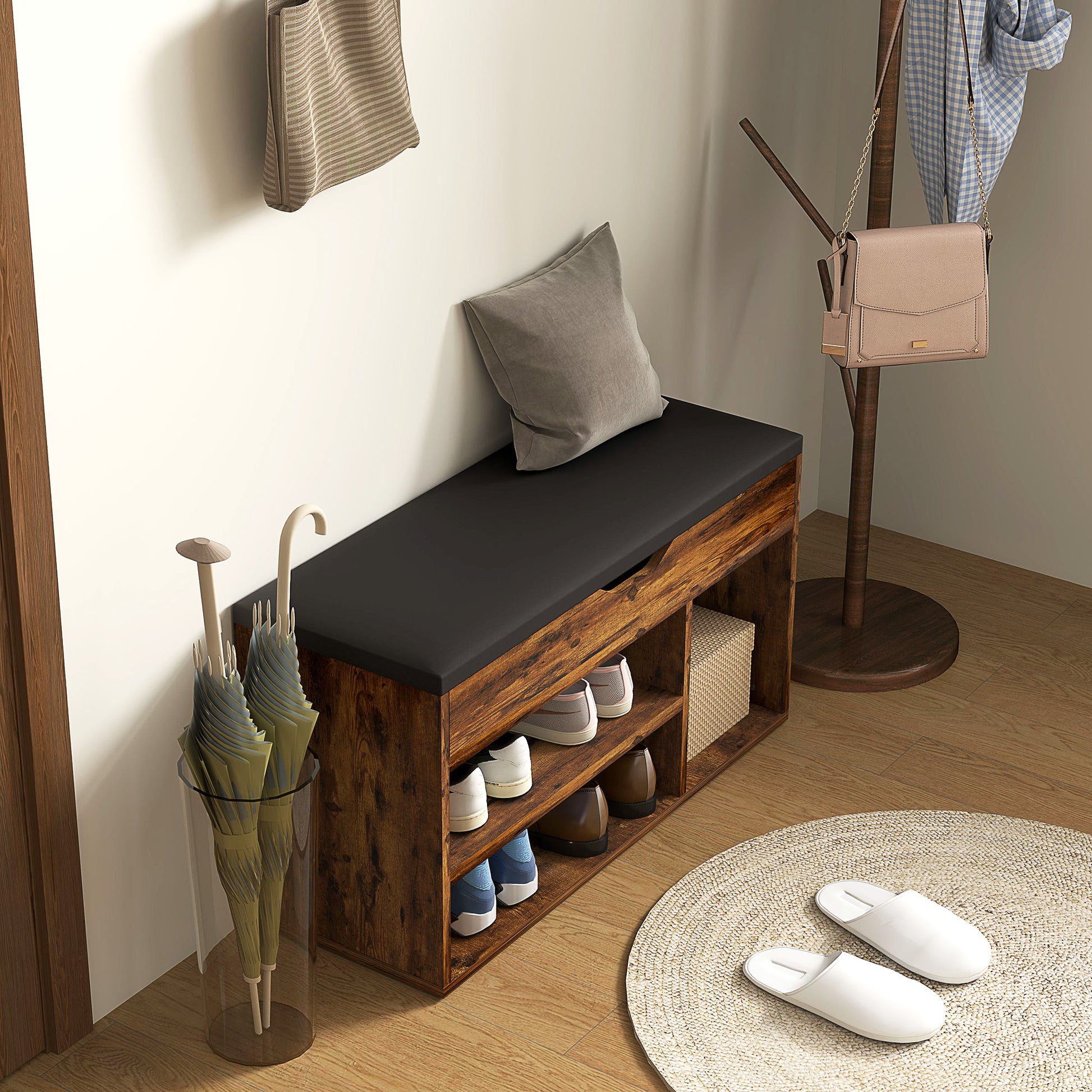 Shoe Bench Entryway Storage Rack with Padded Cushion, Hidden Storage for Hallway, Living Room, Rustic Brown Shoe Storage Cabinets & Racks at Gallery Canada