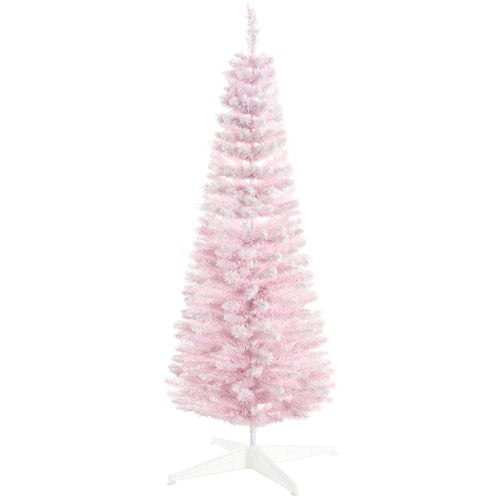 5ft Flocked Christmas Tree, Pencil Artificial Christmas Tree with Realistic Branches, Pink