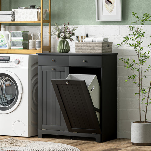 Laundry Cabinet, Tilt Out Laundry Hamper Cabinet with 2 Baskets, Bathroom Hamper Cabinet with 2 Drawers, Black