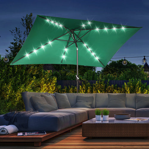 6.5x10ft Patio Umbrella Rectangle Solar Powered Tilt Aluminum Outdoor Market Parasol with LEDs Crank (Dark Green)