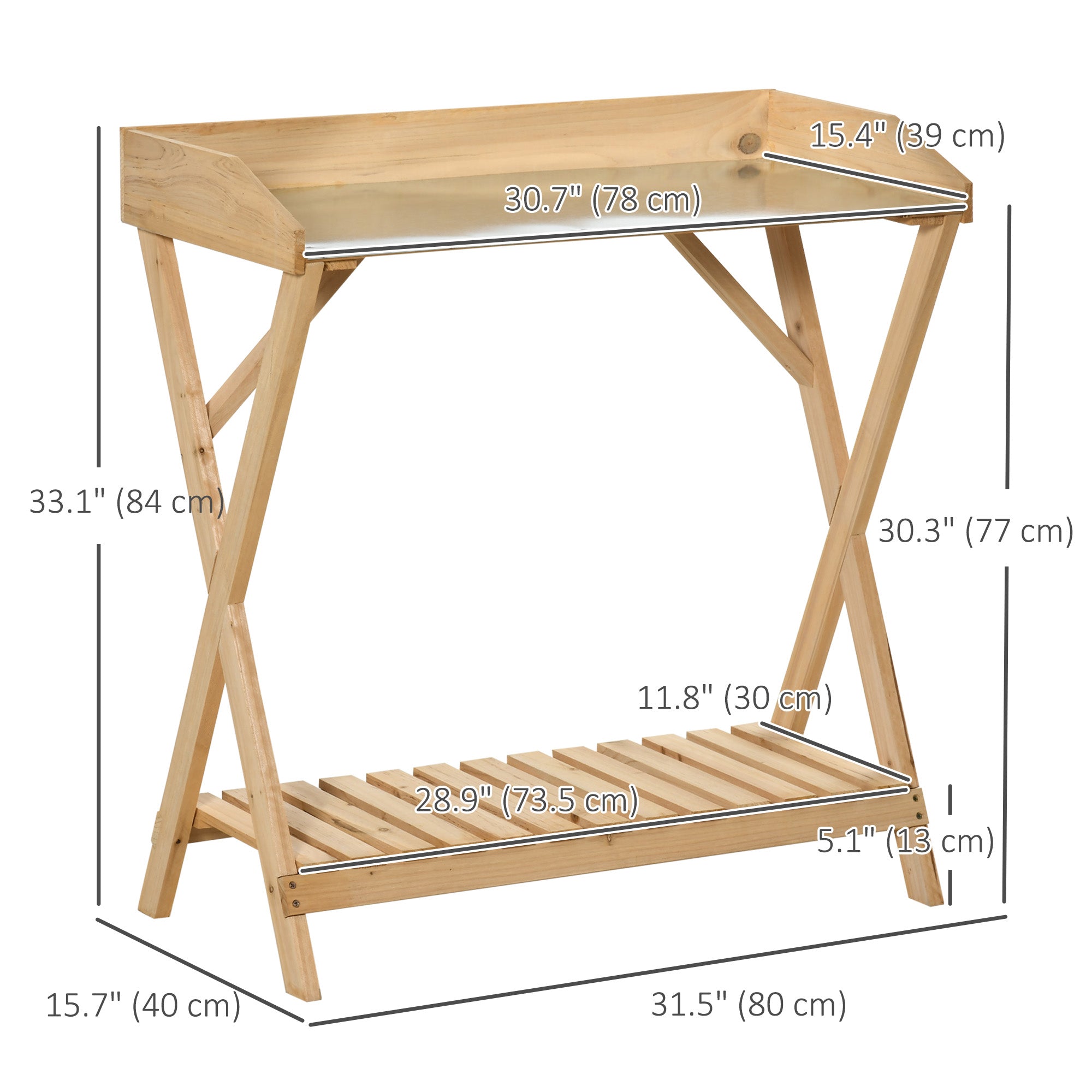 Garden Potting Bench Table, Wooden Work Station, Outdoor Planting Workbench w/ Galvanized Metal Tabletop and Storage Shelf Potting Benches & Tables at Gallery Canada