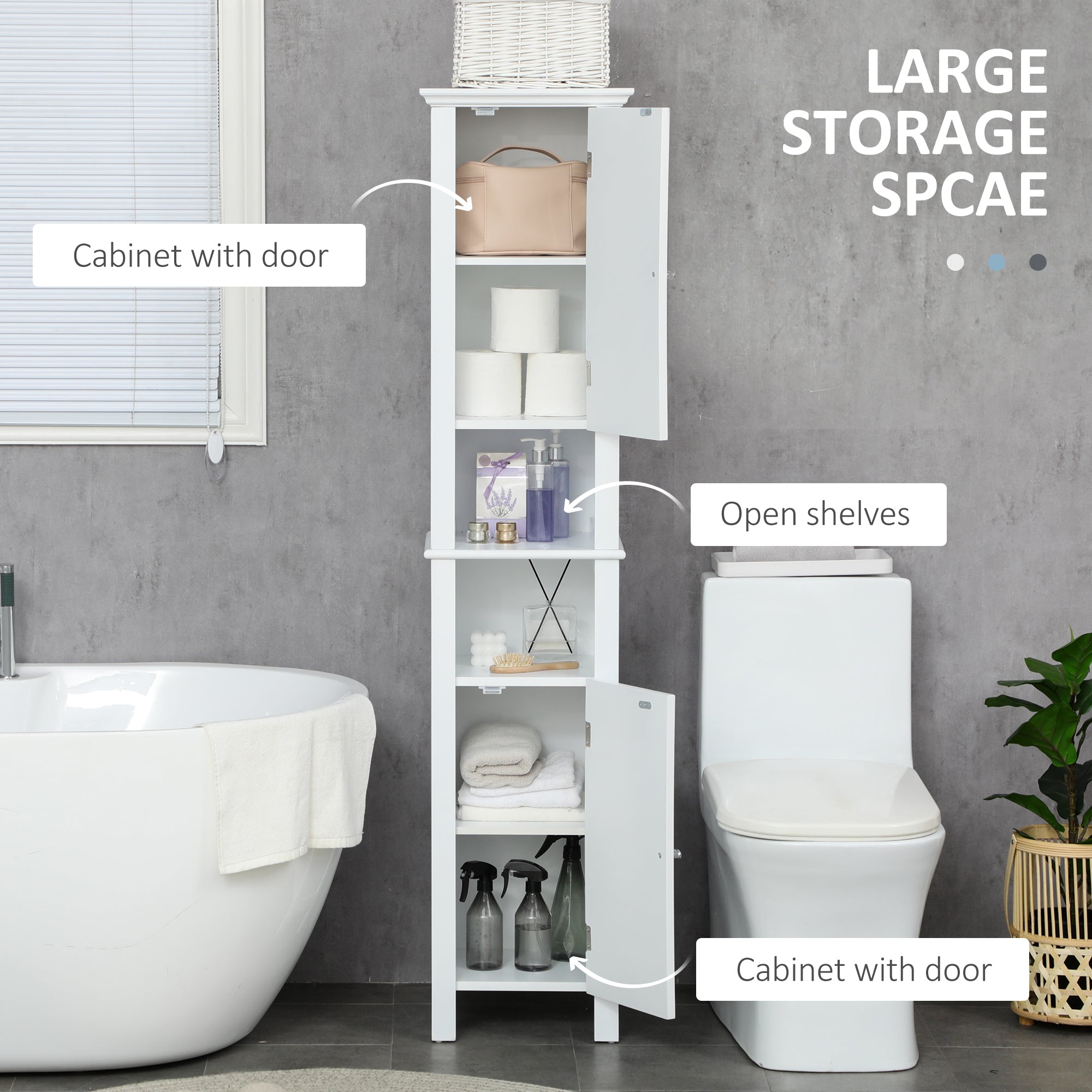 Bathroom Cabinet, Freestanding Linen Cabinet with Open Shelves and Cupboards, 13.8