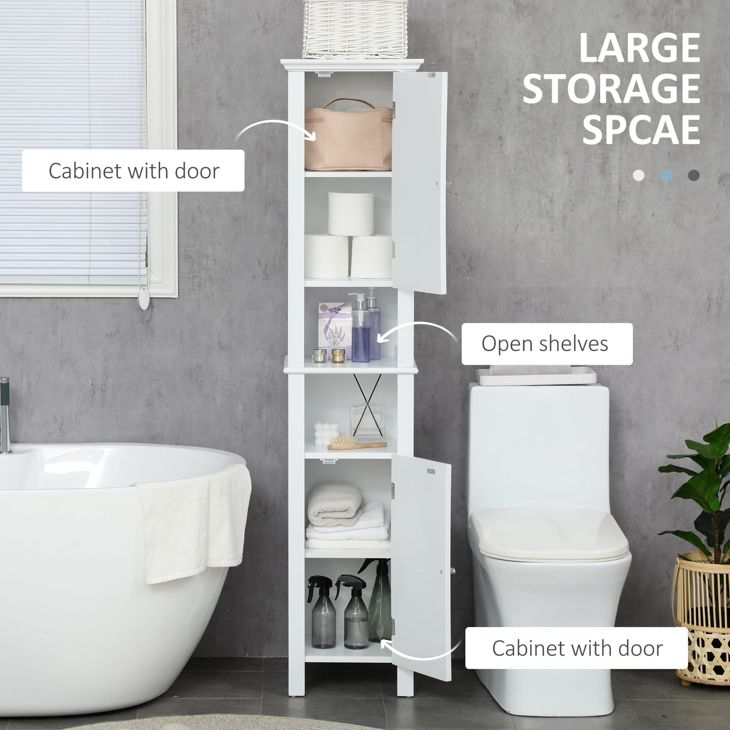 Bathroom Cabinet, Freestanding Linen Cabinet with Open Shelves and Cupboards, 13.8" x 11.8" x 62.4", White Bathroom Cabinets   at Gallery Canada