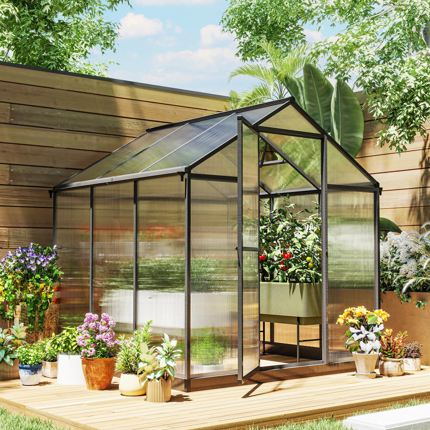 8' x 6' x 6.4' Walk-in Garden Greenhouse Polycarbonate Panels Plants Flower Growth Shed Cold Frame Outdoor Portable Warm House Aluminum Frame, Charcoal Grey Walk In Greenhouses Multi Colour  at Gallery Canada