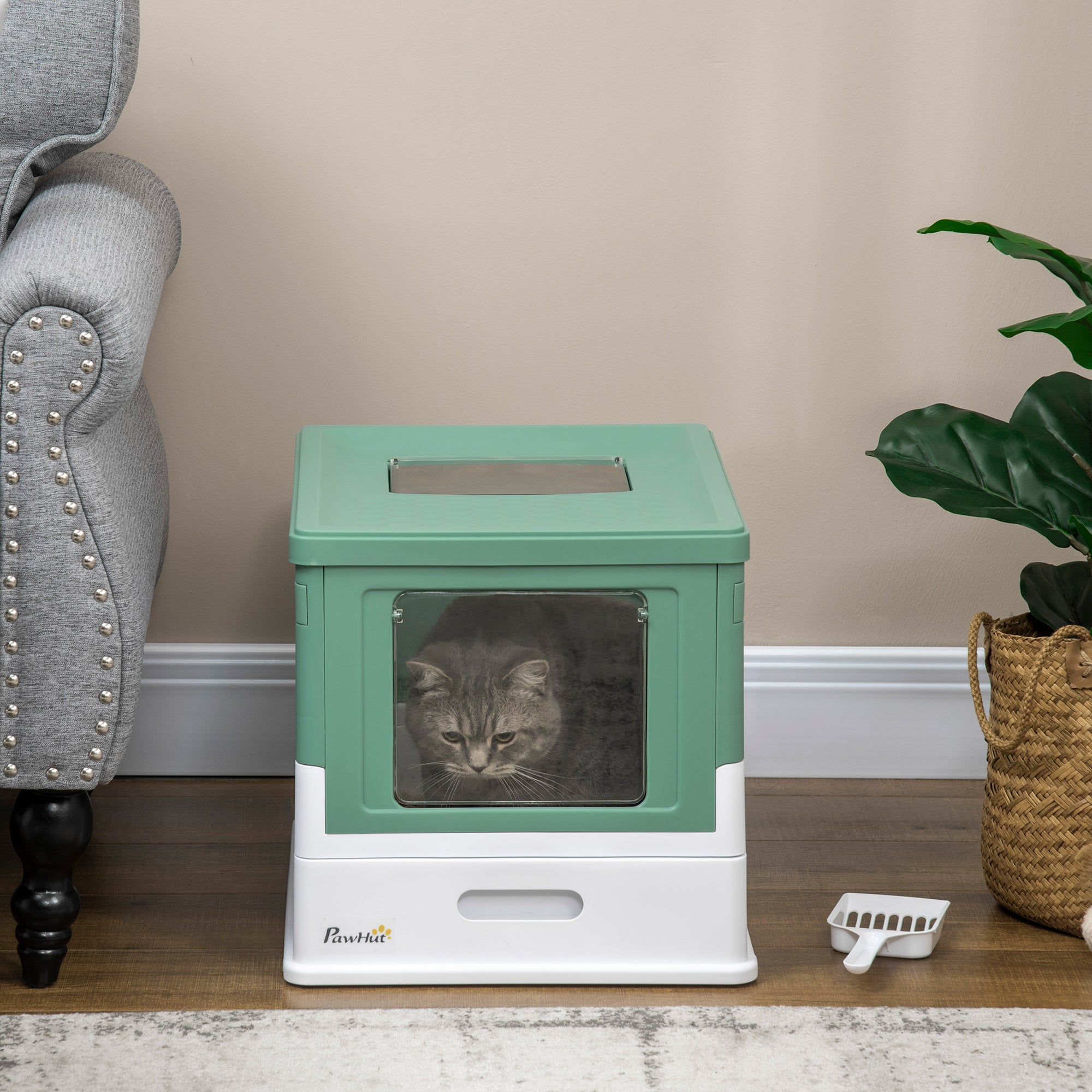 Top Entry Enclosed Kitty Litter Box with Scoop, Tray, Front Entry, Large Space, Foldable, Portable, Green Cat Litter Box Enclosures   at Gallery Canada