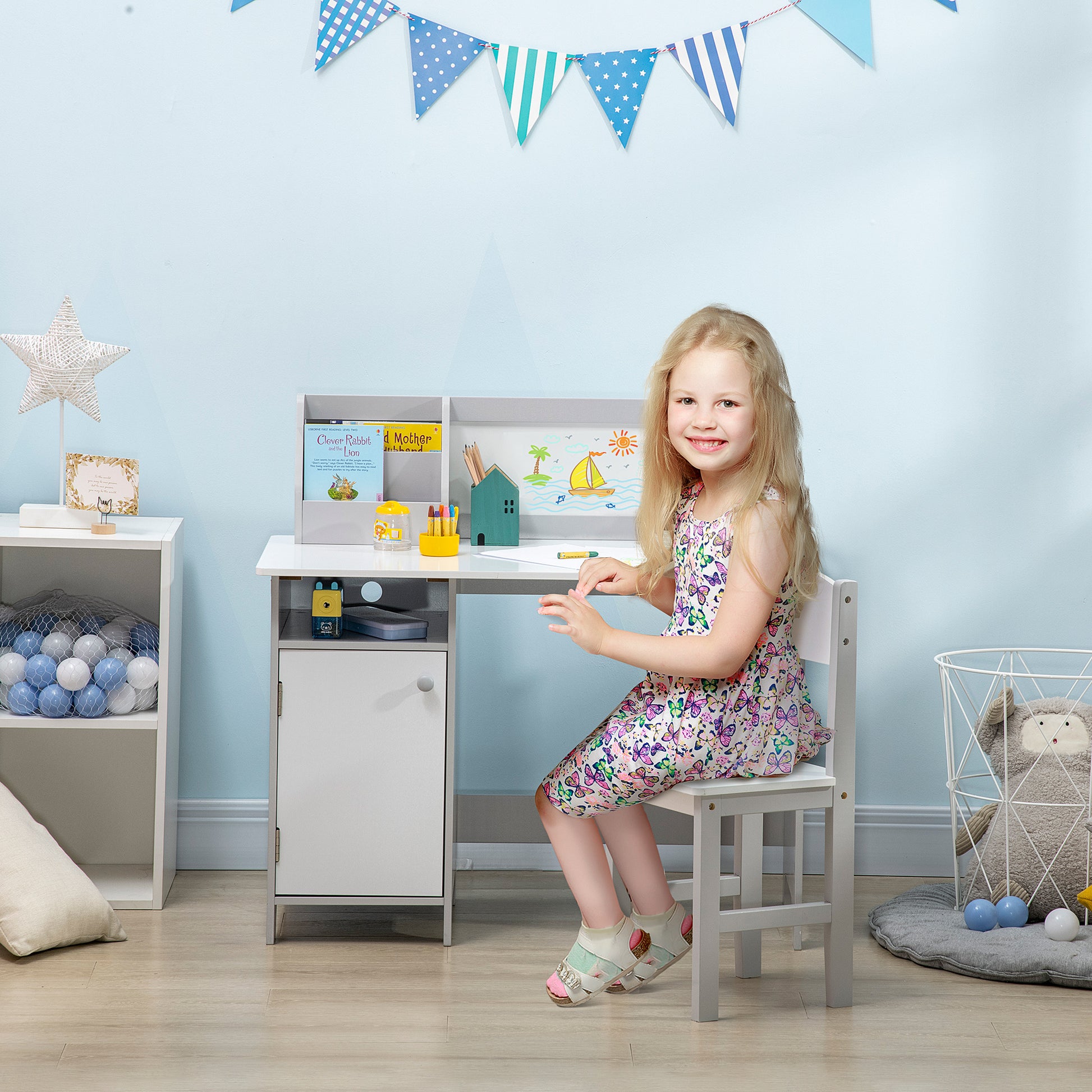 2Pcs Kids Desk and Chair Set with Whiteboard, Storage, Shelves, Grey Kids Desk Sets   at Gallery Canada