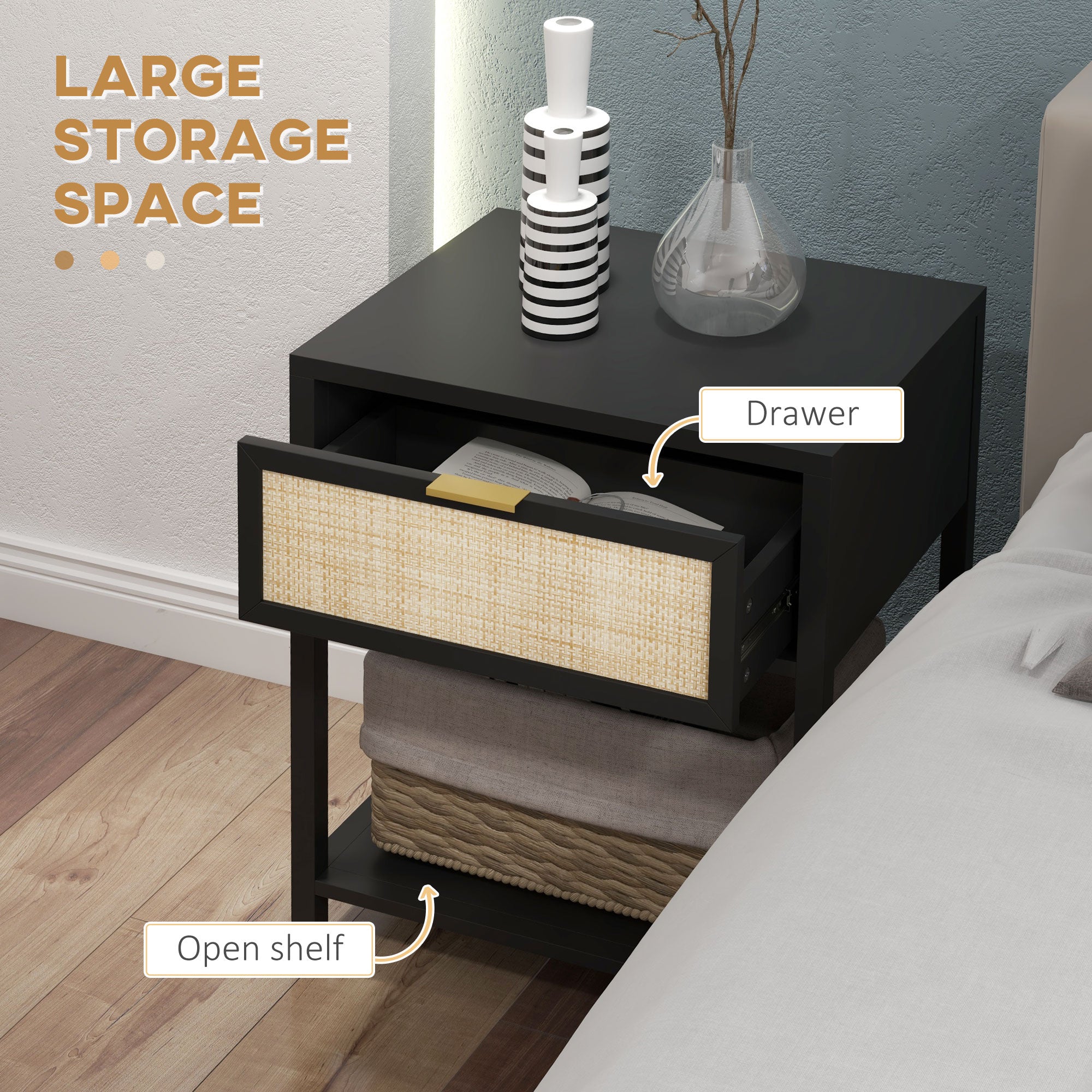 Boho Nightstand, Bedside Table with Rattan Drawer and Open Shelf, Side End Table for Bedroom, Living Room, Black Bedside Tables at Gallery Canada